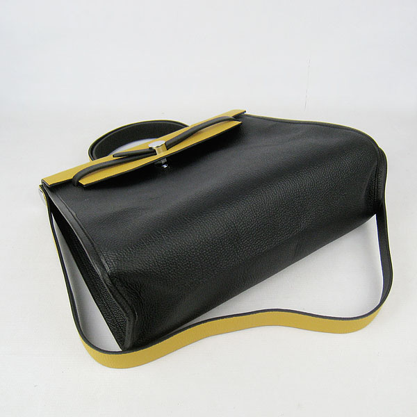 7A Replica Hermes Black/Yellow Kelly 32cm Togo Leather Bag 60667